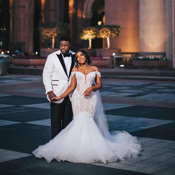 

luxurious off the shoulder mermaid bead wedding dresses appliques backless tiered tulle bridal gowns plus size wedding dress, White