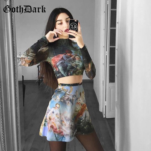 

goth dark vintage spring summer aesthetic print a-line skirt 2020 gothic slim fashion streetwear high waist party female skirts, Black