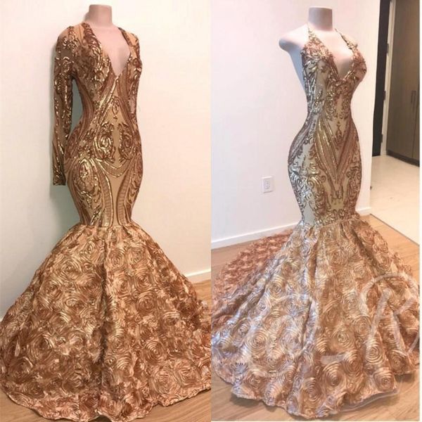 

2020 gold mermaid prom dresses long sleeves deep v neck lace appliques sequins african black girl evening gowns cheap