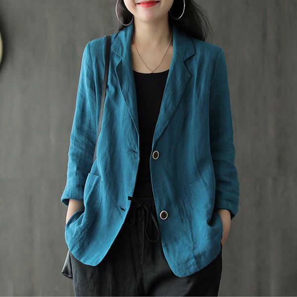 

vintage retro ramie suit loose solid color coat cardigan all-match women's clothing blazer femme feminino with 6colors, White;black