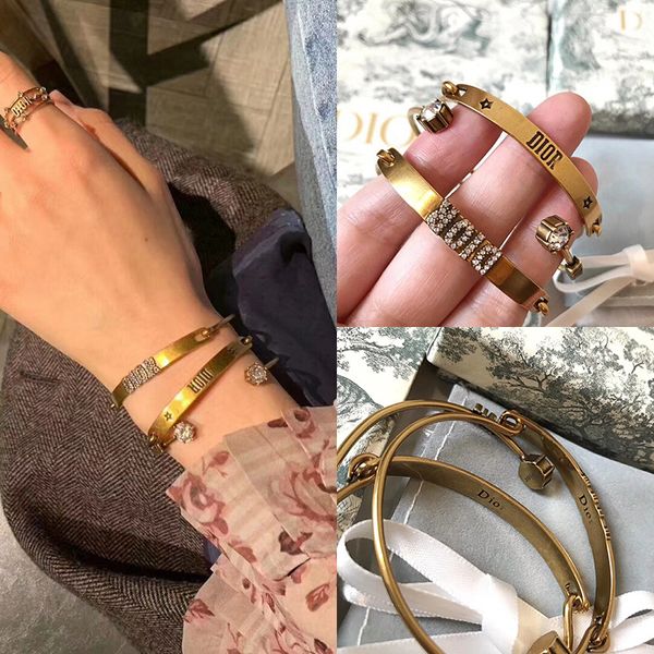 

2019 new retro tyle bangle with diamond decoration letter print three piece et wri tband for dating gift fa hion women bracelet with box, Black