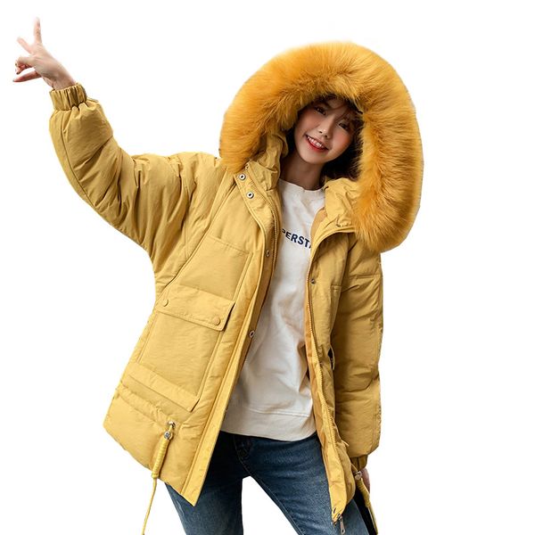 

winter jackets with artificial fur collar for women hooded long style thick warm down cotton padded coat outwear, Black
