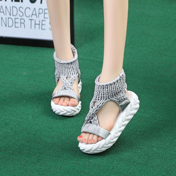 

women gladiator sandals summer flat wool shoes thick-bottomed knitting sandals solid ladies platform sandalias zapatos mujer y200702, Black