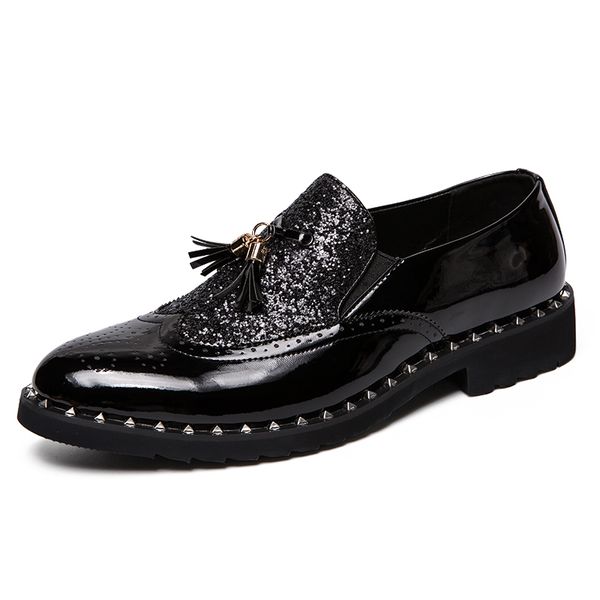 

new arrival men luxury fashion party nightclub dress patent leather shoes slip-on driving tassels shoe point toe loafers sapatos, Black