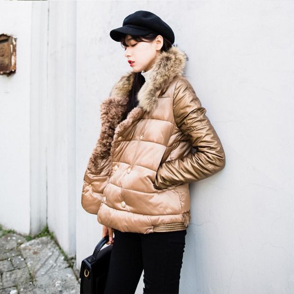 

casual solid slim woman short winter coats and jackets thick full sleeve cotton padded jacket pockets fur collar woman coats, Tan;black