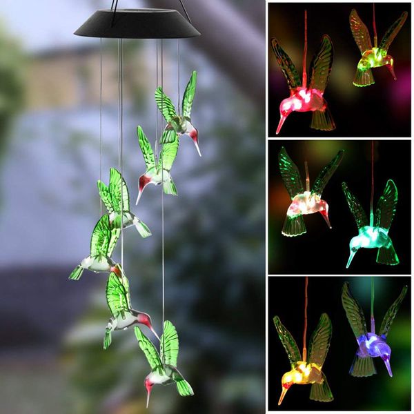 

color change led solar power wind chime six hummingbird waterproof outdoor solar lamp light for home party garden yard patio