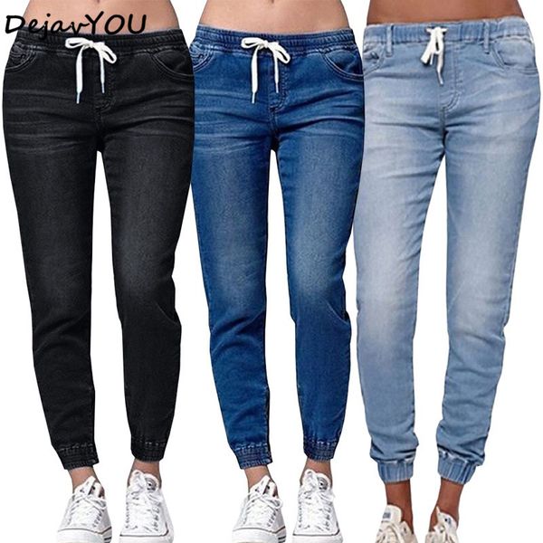 

2018 new autumn lantern pencil pants vintage mid waist drawstring jeans womens denim pants full length loose casual, Blue