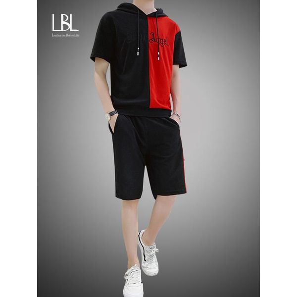 

2020 summer mens hooded set student wear new casual patchwork print t-shirt + shorts harajuku 2 pcs street fashion set tracksuit, Gray