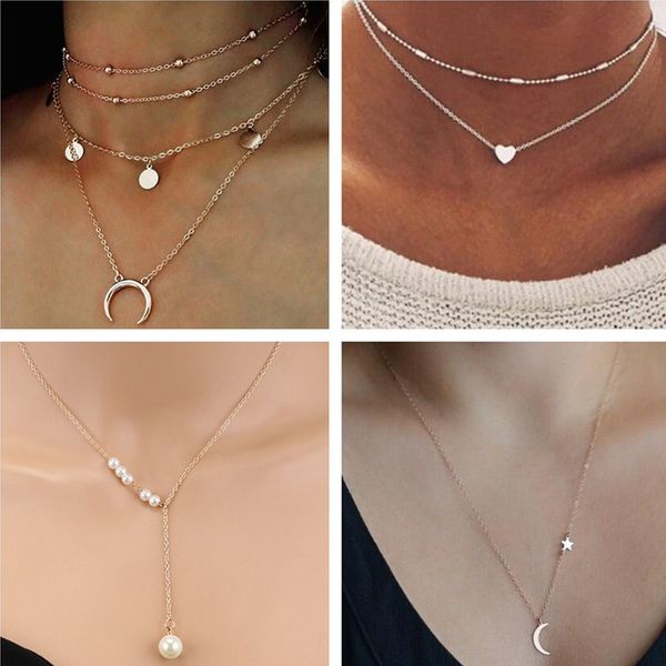 

tenande simple style multi-layer moon leaves feather heart chain necklaces & pendants for women valentine's day gifts berloque, Golden;silver