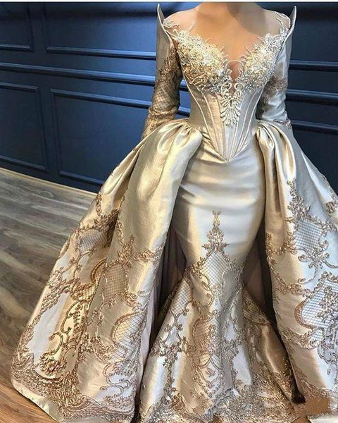 

yousef aljasmi mermaid prom dresses overskirts long sleeve lace appliqued beads evening dresses with detachable train gorgeous party gowns, Black;red