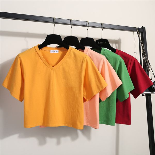 

summer for women short sleeve v-neck solid loose tshirt teenager girl new 2020 female casual crop europe and america, White