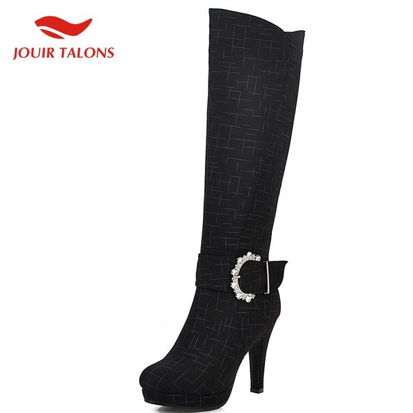 

fashion 2020 large size 33-43 buckle decoration shoes woman boots female zip up high heels knee high boots women shoes, Black