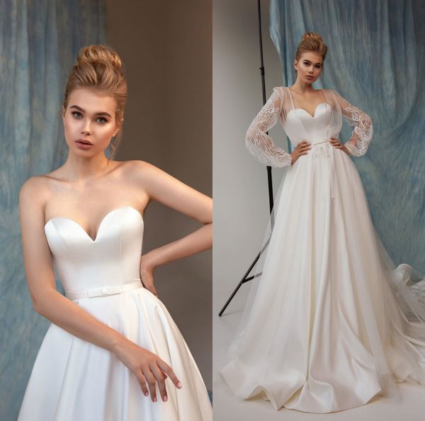

2020 eva lendel wedding dress with wrap lace cowl backs sweep train satin sweetheart bridal gowns, White