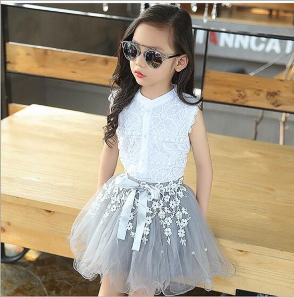 

3-12t teen girl lace shirt + tutu skirt 2pcs summer sleeveless mesh princess skirt suit children's costumes kids clothing sets, White