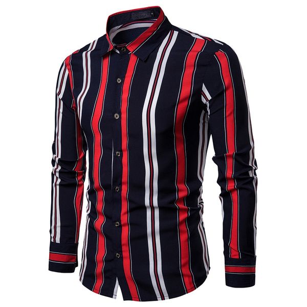 

2019 new men's spring casual slim fit shirts striped long sleeve button shirt office blouse vocation turn-down collar, White;black