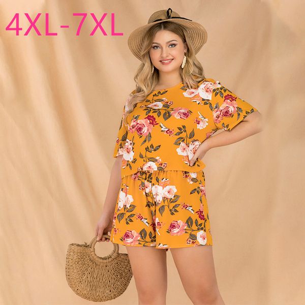 

two piece dress 2021 summer plus size short sleeve loose casual yellow floral print flower shirt and shorts suits 4xl 5xl 6xl 7xl, White