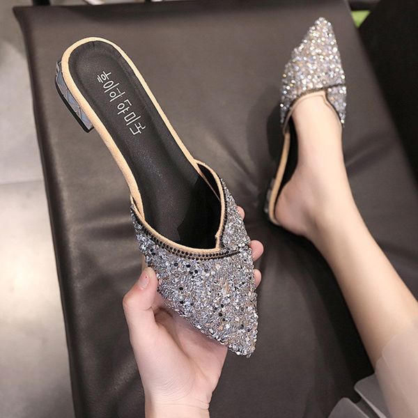 

flat shoes female loafers slippers casual cover toe low glitter slides shose women pantofle luxury jelly soft 2020 fashion, Black