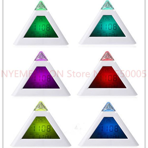 

10pcs led color changing pyramid digital lcd snooze alarm clock triangle