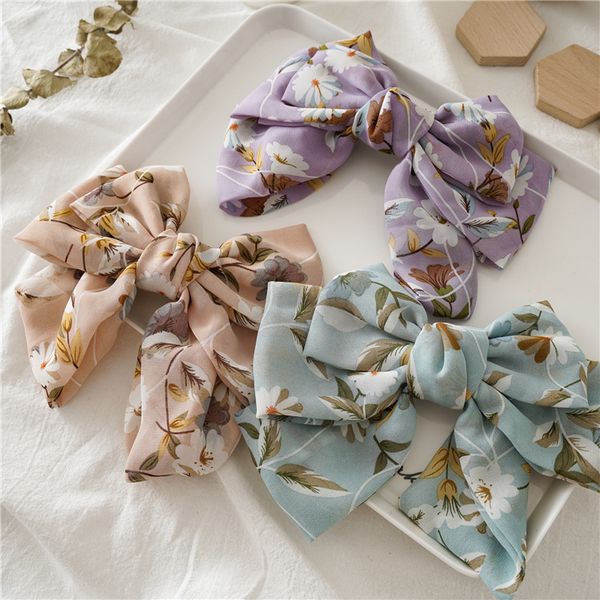 

fresh style kids floral print bows hair clip fashion girls chiffon bows hairpins children princess barrettes women hair accessory c5798, Slivery;white
