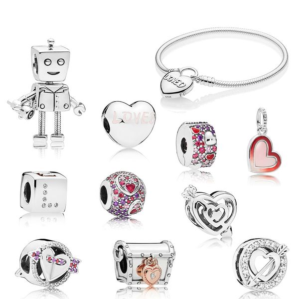 

2019 new 100% 925 sterling silver pandora valentine's day rob bot club dice sparkling arrow charm loved heart clip pendant bracelet gif, Black