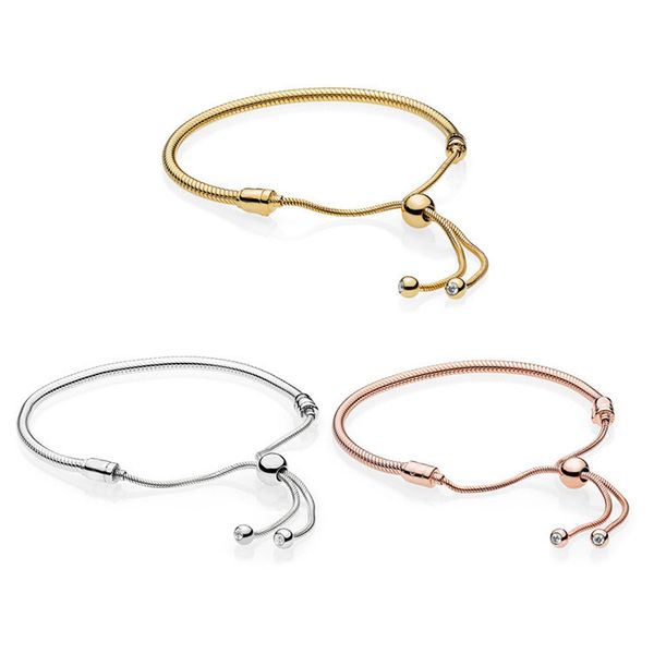 

new s925 silver sliding clasp adjust pandora moments bracelet bangle fit women beads charm diy rope chain jewelry bracelets gift, Golden;silver