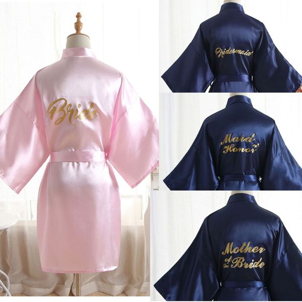 

golden word wedding bride bridesmaid robe solid bathrobe short kimono robe night bath fashion dressing gown for women, Black;red