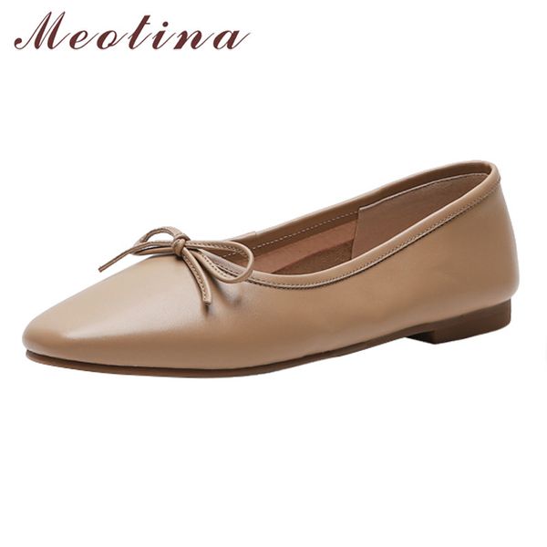 

meotina women ballet flats shoes natural genuine leather flat loafers shoes cow leather bow square toe female size 34-39, Black