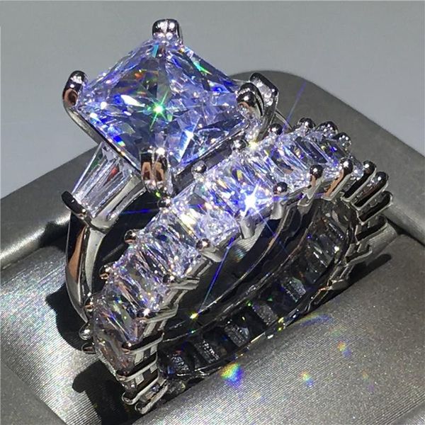 

size 5-10 sparkling couple rings luxury jewelry 100% real 925 sterling silver princess cut white z promise women wedding bridal ring set, Slivery;golden