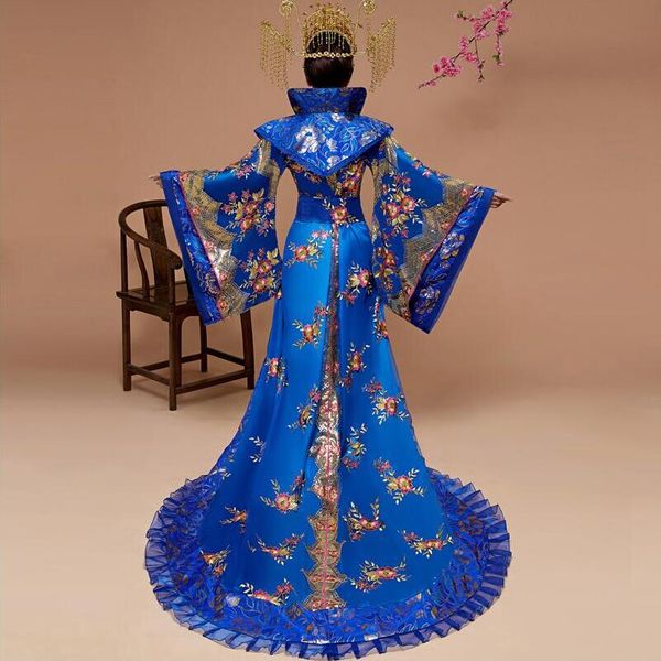 Orientale Antica Regine Principesse Corte Maniche Lunghe Vestito Performance Donne Antiche Hanfu Abiti Concubine Imperiali Costume Coda Blu