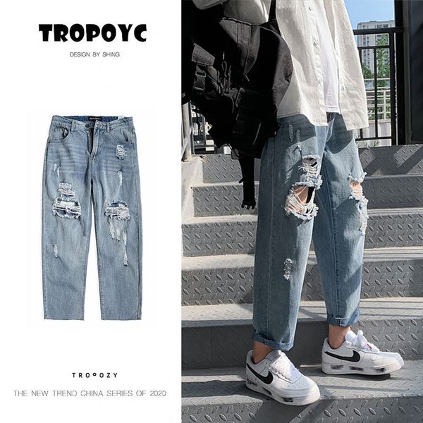 

men's jeans summer straight fashion retro casual ripped men streetwear wild loose hip hop hole denim pants mens s-3xl, Blue