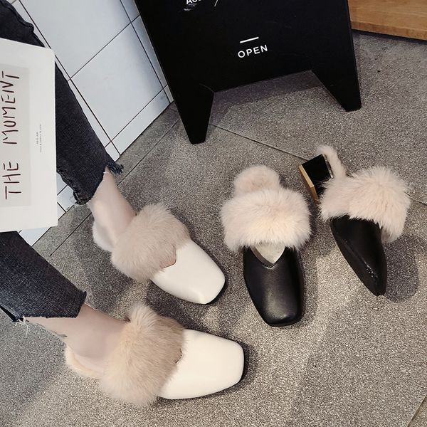 

shoes plush slippers for adults luxury slides cover toe square heel slipers women female mule med fur designer block 2019 mules, Black