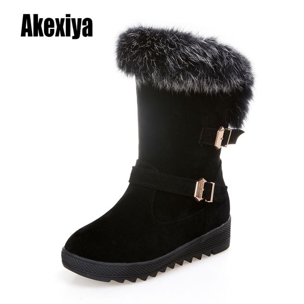 

women's snow boots warm plush fur plush winter ankle boots platform ladies suede cotton shoes women comfortable buckle, Black