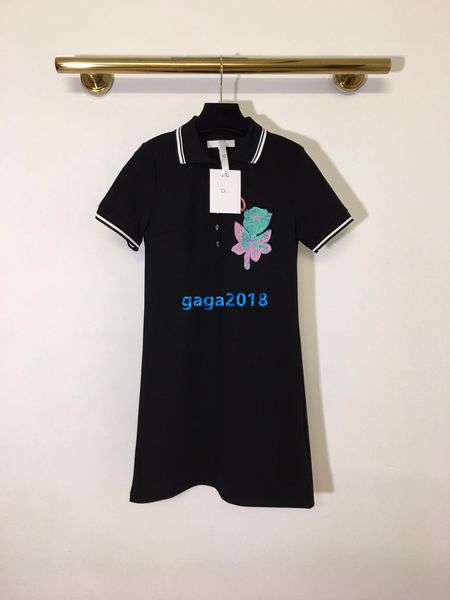 

high end женщины девушки рубашка платье цветы патч вышивка письмо однобортный лацкан шеи с длинным рукавом a-line юбки мода дизайн платья, Black