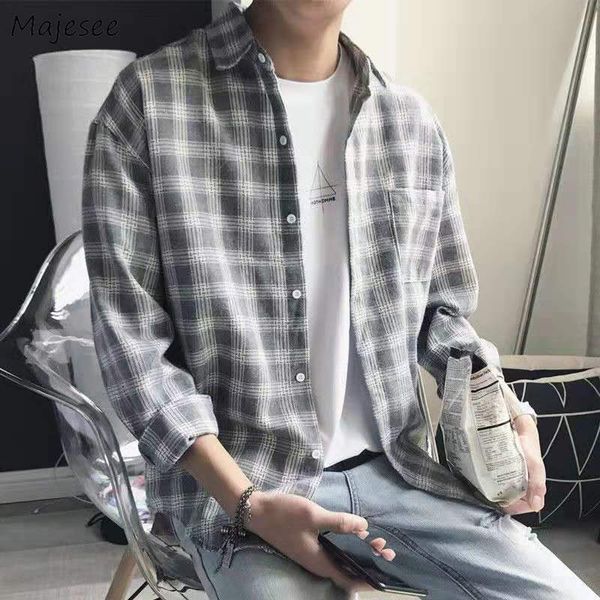 

men shirts long sleeve plaid loose plus size 3xl korean style casual streetwear oversize all-match fashion single breasted soft, White;black