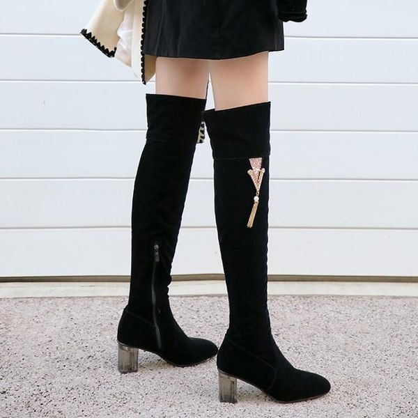 

winter boots mid-heel solid youth trendy zipper long boots over-the-knee square toe square heel zapatos de mujer women, Black