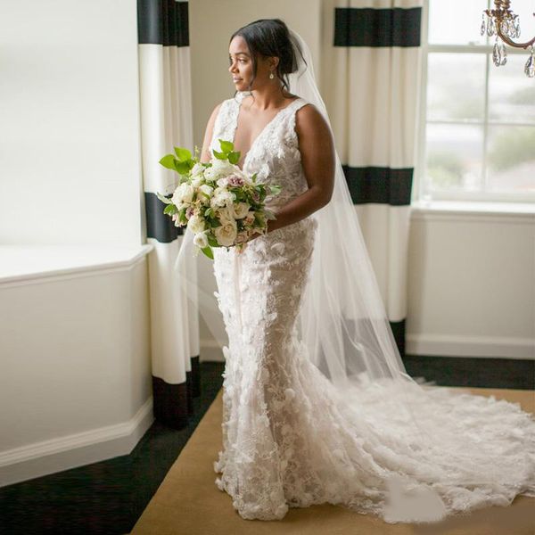 

romantic 3d flower lace mermaid wedding dresses v neck sleeveless church africa wedding gowns sweep train robes de mariée, White