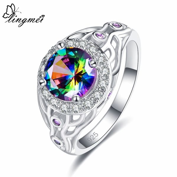 

lingmei wholesale gorgeous cocktail round cut rainbow & black & white cubic zircon silver ring size 6 7 8 9 ing