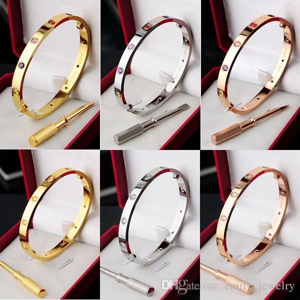 

stainless steel couple jewelry love bracelets bangles for women gold colorful crystal screw screwdriver bangles man pulseiras with dust bag, Black