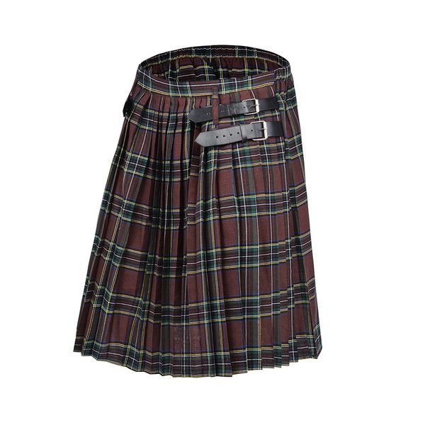 

2020 scottish mens kilt traditional plaid belt pleated bilateral chain brown gothic punk scottish tartan trousers, White;black