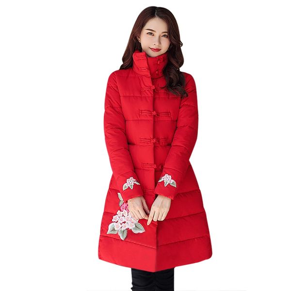 

sagace women winter floral embroidery warm coat plus size candy color cotton padded jacket long parka turtleneck jaqueta sep 25, Black