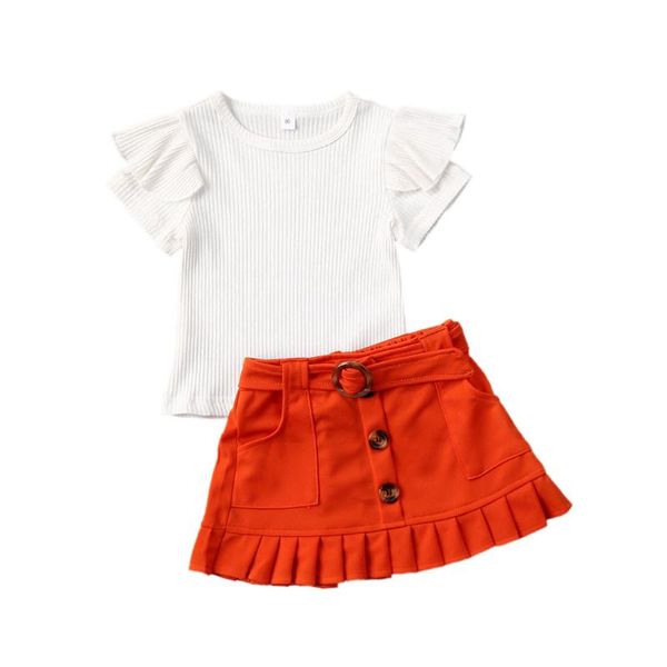 

pudcoco baby summer clothing 2-6y toddler baby girls clothes sets ruffles short sleeve t shirts +solid a-line skirts outfits, White