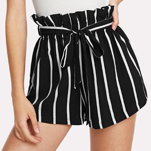 

black belted ruffle waist striped boho shorts women navy high waist loose bottom shorts 2019 summer beach casual, White;black