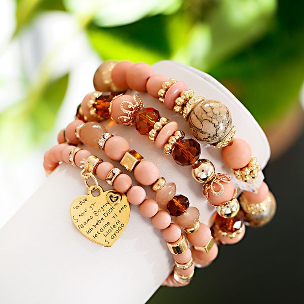 

women's bohemia pink bracelet set ethnic natural stone beads charm tribe gold heart bracelet jewelry for ladies bileklik, Golden;silver
