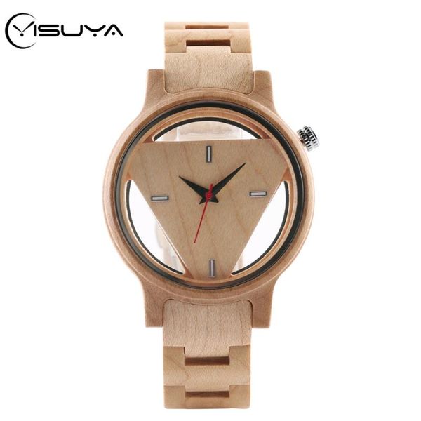 

yisuya geometric hollow triangle wood watch men women unique inverted creative full wooden bangle quartz wristwatch clock male, Slivery;brown