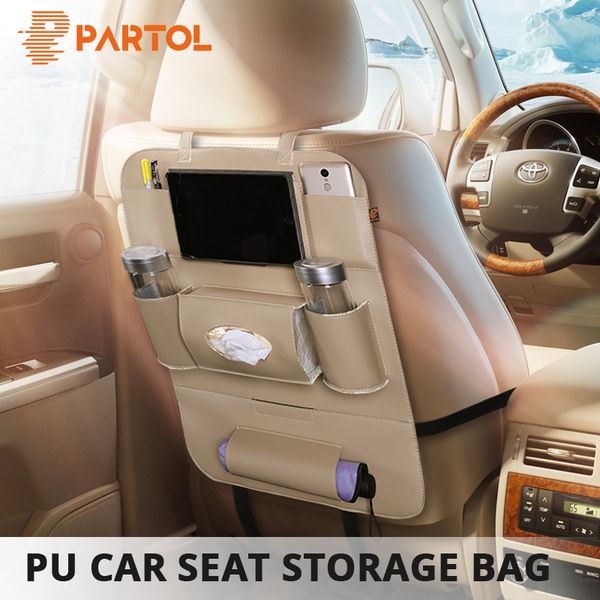 

partol pu universal car seat storage bag organizer auto black/beige multi-pocket seat back bag drinks/tissue/umbrella container