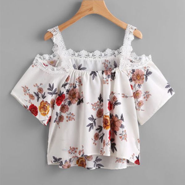 

горячие женские кружева растениеводство топы цветочный шифон блузка рубашка мода дамы лето с плеча boho партии жилет блузка джемпер рубашки, White