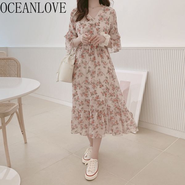 

oceanlove flroal шифон vestidos mori девушки ретро высокая талия женское платье корейский элегантный 2020 весна лето платья vneck 16043, Black;gray