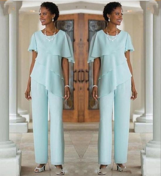 

2020 mother of the bride dresses pants suits wedding guest dress silk chiffon short sleeve tiered mother of bride pant suits custom made, Black;red