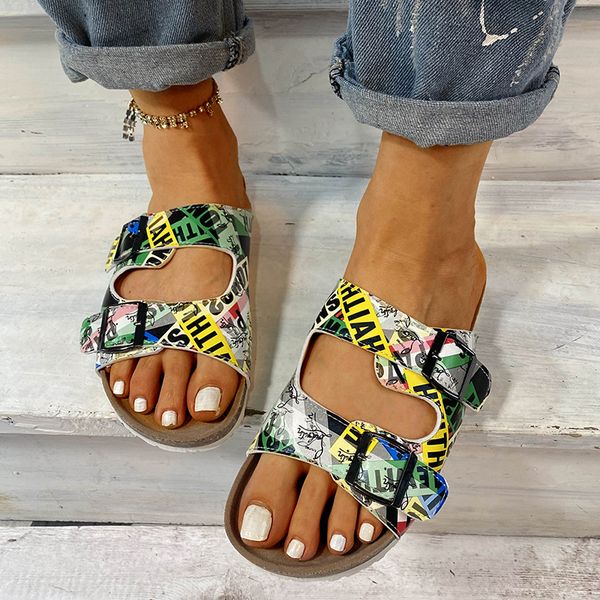 

summer new fashion letters outdoor beach slippers for women roman style round head belt buckle plus size slippers, Black
