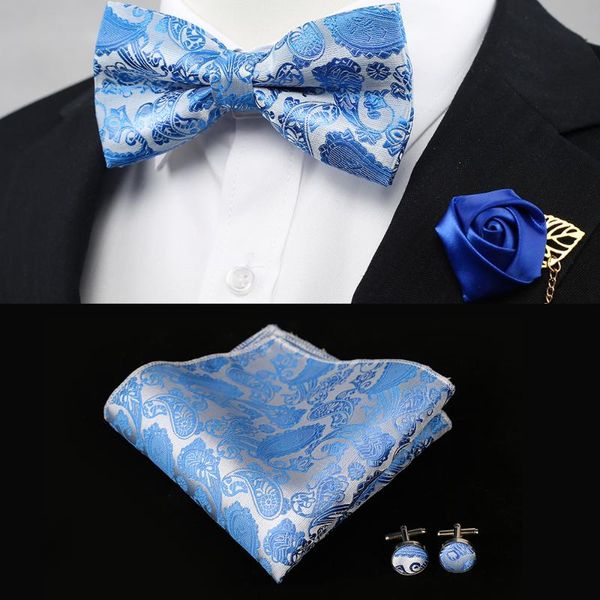 

neck tie set floral bow ties with handkerchief for men paisley men's bowtie pocket square red sky blue black gold color wedding, Black;blue